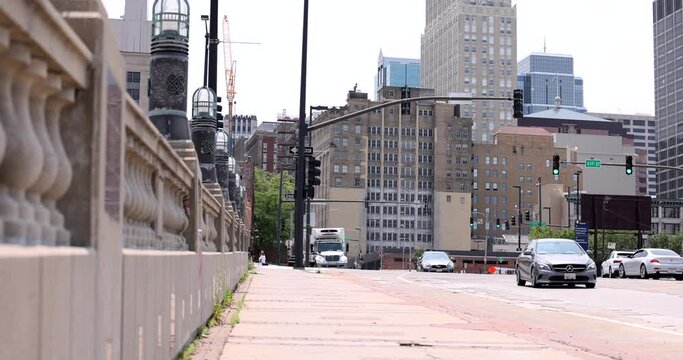 Kansas City, Missouri, USA - June 15, 2023:  Afternoon light shines on historic buildings in downtown Kansas City.