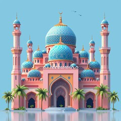 Pink Palace of Paradise: A 3D Rendering of a Majestic Mosque Generative AI