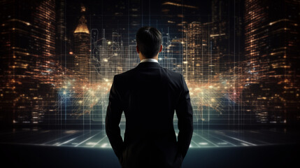 Businessman watching at diagram in back view. Man with business graph