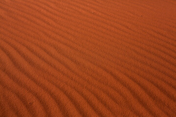 Wadi Rum Desert in Jordan. On the Sunset. Panorama of beautiful sand pattern on the dune. Desert...