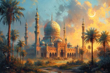 Golden Sunset at the Grand Mosque Generative AI