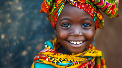 A captivating close-up portrait highlighting the vibrant smile of a young African child