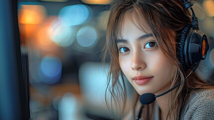 Engaging Asian Female Call Center Agent with Headset in High-Tech Office - Enhancing Customer Experience - AI Generated Image