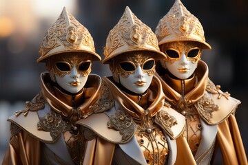 Venetian masks at dawn in venice. Italys carnival with elaborate costumes and three
