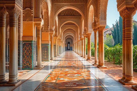 Arabian Nights Archway: A Majestic Walkway Through a Grand Palace Generative AI