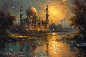 Glowing Mosque at Sunset Generative AI