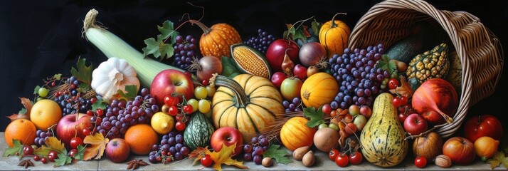 A picturesque cornucopia overflowing with an abundance of seasonal fruits and vegetables - obrazy, fototapety, plakaty