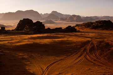 Wadi Rum Desert in Jordan. On the Sunset. Panorama of beautiful sand pattern on the dune. Desert...