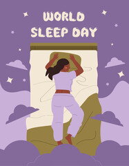 Female character in pajamas sleeps on the bed. World Sleep Day. Time to sleep. Good dream.