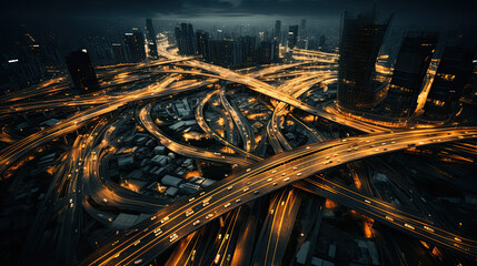 Fototapeta na wymiar Aerial view of an intricate freeway intersection vehicles