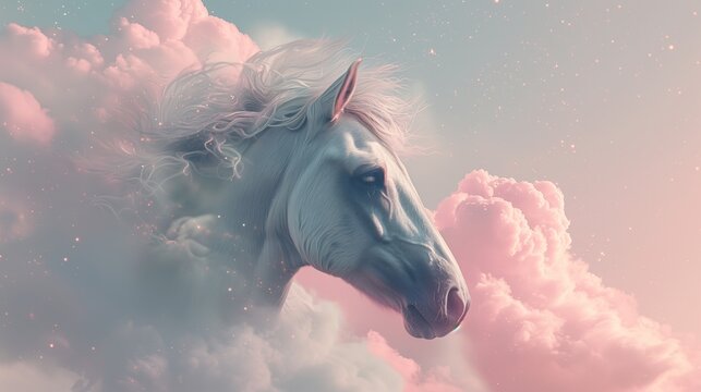 Portrait of a beautiful thoughtful white horse head among soft pink clouds on light pastel blue background. Dream fantasy surreal concept
