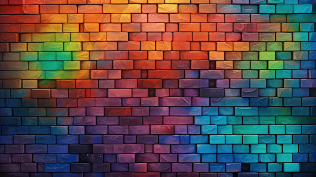 Brick wall background, prismatic colorful grunge texture or pattern for design. Generative ai © LFK