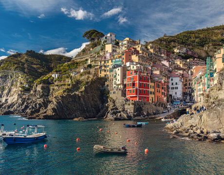 Riomaggiore, the first of the Cinque Terre towns, a village in the province of La Spezia, situated in a small valley in the Liguria region of Italy.