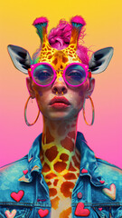 A fantastical anthropomorphic giraffe female human hybrid in trendy fashion glasses and a denim jacket on bright colorful background. Fantasy character concept - obrazy, fototapety, plakaty