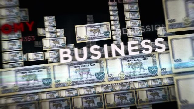Nepal rupee money loop 3d animation. Camera flying between NPR banknotes. Finance, economy, crisis, business success, recession, debt and tax seamless looped concept.