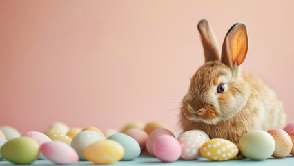 A brown rabbit with a collection of colorful painted eggs on a light pink banner surface background with empty copy space for text. Happy Easter holiday concept