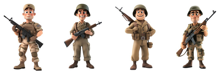 Fototapeta premium Set of Cartoon Soldiers in Different Uniforms, Military Characters with Weapons Isolated on Transparent Background