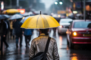 realistics multifaceted nature of rain, encompassing both serene contemplation and vibrant commotion of individuals maneuvering through dampened thoroughfares - obrazy, fototapety, plakaty