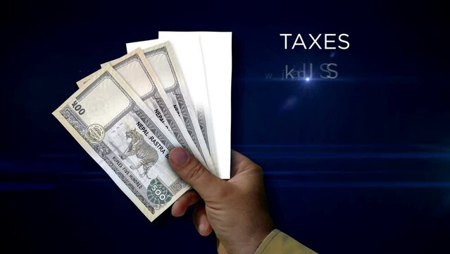 Nepal rupee money holding. Fan of banknotes in hand. NPR paper cash. Concept of income, success, business, tax, economy and finance.