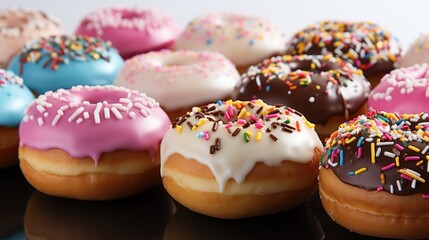 Close-up of variety of glazed delicious festive donuts with colourful sprinkles. Generative AI