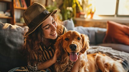 happy people at home with favorite pet , love and friendship of human and animal pragma