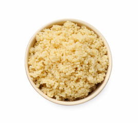 Tasty cooked quinoa in bowl isolated on white, top view