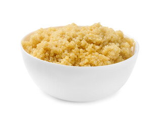 Tasty quinoa porridge in bowl isolated on white