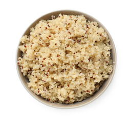 Tasty quinoa porridge in bowl isolated on white, top view