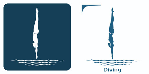  Icons of the diving athlete. Diver emblem.Woman jumps upside down.