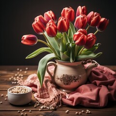 Fototapeta na wymiar A tulip bouquet with March 8 inscription. Happy March 8th. Women's Day. Mother's Day. Happy Easter