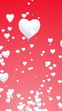 Animation background material (red gradation background) in which many white heart-shaped balloons fly from below. Celebrations, birthdays, Valentine's Day, weddings, weddings, vertical