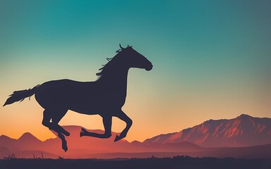Silhouette of a horse galloping against a beautiful sunset with mountains in the background. freedom concept.