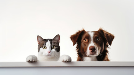 Cat and dog staring intently, isolated white background