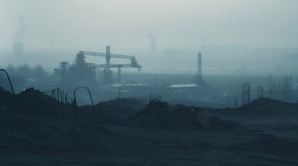 Coal mining industrial landscape. Heavy pollution, smoke, dust, ruined ecosystem. Generative AI - obrazy, fototapety, plakaty