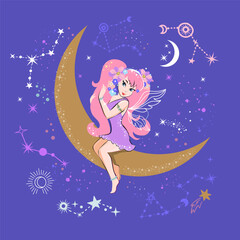 Obraz na płótnie Canvas Cute fairy sitting on the moon. Vector illustration for t-shirt design, nursery for kids