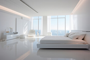 Clean minimal bedroom interior design in white color with modern bed and simple decoration