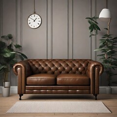 an AI-generated image featuring a front view mock-up room with a classic leather sofa, set against a wall backdrop