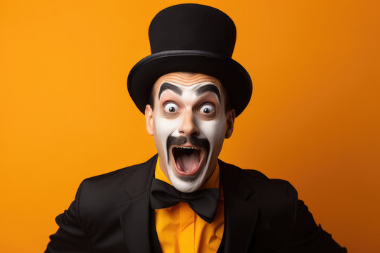 Clown happy man in black costume and halloween make up, orange background