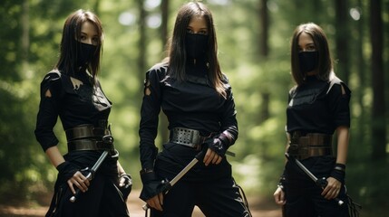 Group of masked female assassins. Company of dangerous girls in masks. Female warriors in cool costumes. Beautiful young girls in villain costumes. - obrazy, fototapety, plakaty