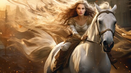 Art of a Beautiful princess riding on a horse. Illustration of an attractive young queen riding through a forest. Painting of a woman riding on a horse through wild nature.
