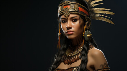 Beautiful Aztec tribal woman in traditional costume. Attractive young Aztec female fighter. Aztec shaman girl with a feather hat standing on a dark background. A mythical warrior woman.