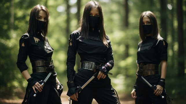 Group of masked female assassins. Company of dangerous girls in masks. Female warriors in cool costumes. Beautiful young girls in villain costumes.