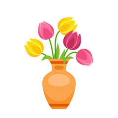 Tulips in vase. Vector cartoon flat illustration of pink and yellow spring flowers. Beautiful bouquet icon.