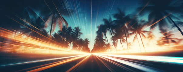 blurred traffic background on tropical landscape with palm trees
