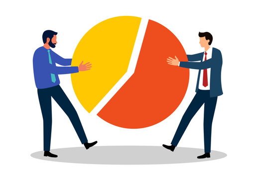 Market share percentage of industry sale, business competitor fight or battle to gain more sale concept, businessmen fighting for more market share pie chart.