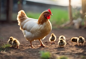 Fototapeta premium chickens walking around together while the chicks go up to their feeder