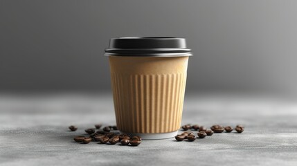 A layout of a disposable, paper cup standing on a table with scattered grains of delicious coffee - Powered by Adobe