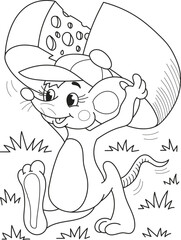 Coloring page outline of cartoon smiling cute mouse with a big cheese. Colorful vector illustration, summer coloring book for kids.