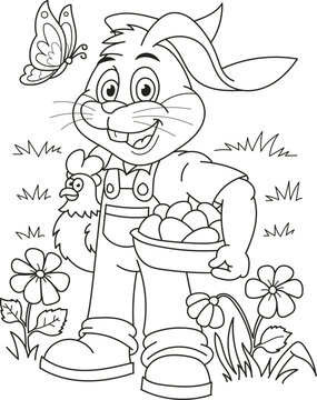 Coloring page outline of the cartoon cute rabbit with chicken, butterfly and eggs. Colorful vector illustration, summer coloring book for kids.