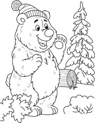 Coloring page outline of cartoon smiling cute big bear in forest. Colorful vector illustration, winter coloring book for kids.